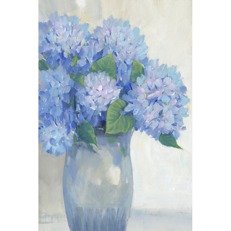 Blue Hydrangeas in Vase I by Tim O'Toole - Painting, 46cm H x 30cm W, Black Floater Framed