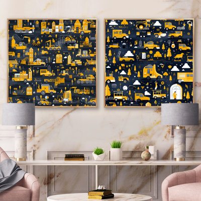 Yellow Busy Construction Zone For Kids Bedroom - Vehicles Collage Square Collage Set Of 2