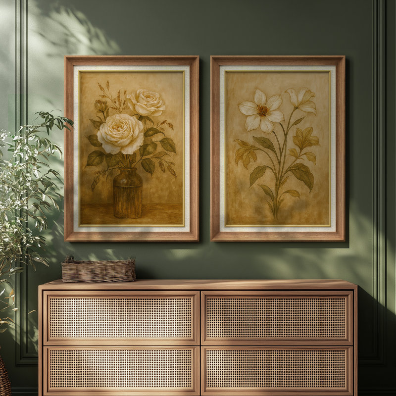 «Vintage Botanical Rose and Daisy Study» - ensemble de 2 reproductions d'art mural encadrées de qualité supérieure sur papier 26 po x 36 po