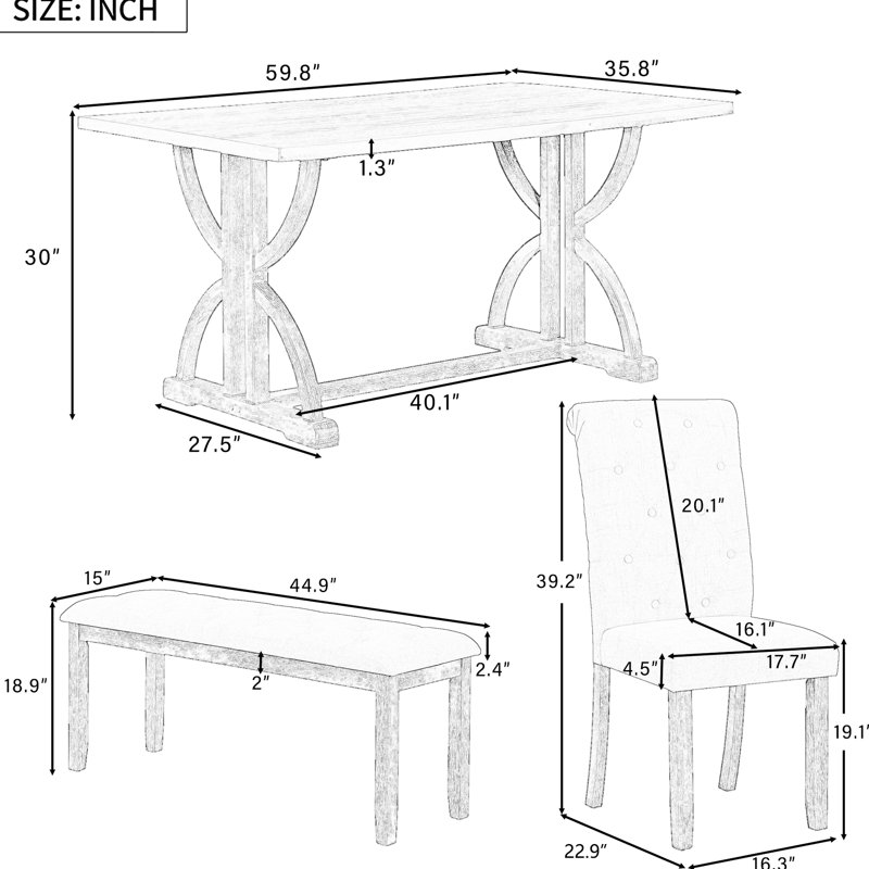 6 Ensemble de salle à manger gris délavé - Table rectangulaire, chaises rembourrées et banc, configuration élégante 4 1