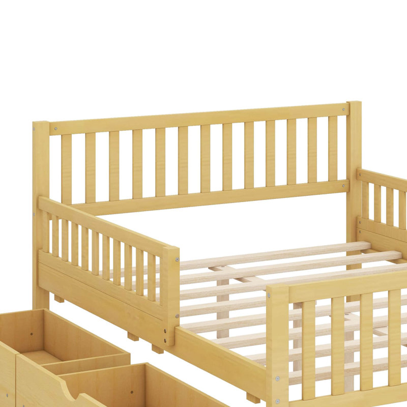 Lit plateforme en bois avec deux tiroirs de rangement et garde-corps, support en lattes de bois, Lit double
