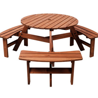 Table de pique-nique ronde en bois, 6 personnes, 3 bancs encastrés, trou pour parasol, plateau de table de 35 pouces, bords arrondis lisses, table de salle à manger de camping pour personne forte et craquelée avec étable, brun
