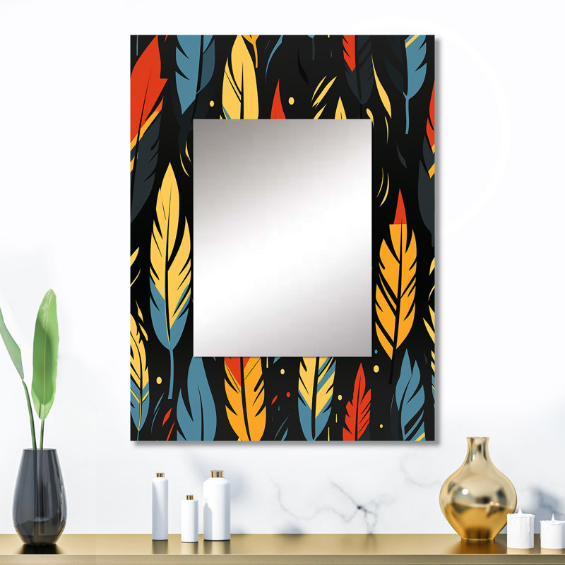 Baheejah Feather Tribal Fusion - miroir mural décoratif abstrait, miroir abstrait, impression d'art en métal, 32 po x 24 po