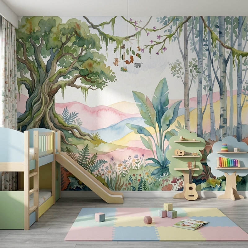 Papier peint forêt fantaisiste, forêt enchantée, 100 po x 96 po, Non tissé