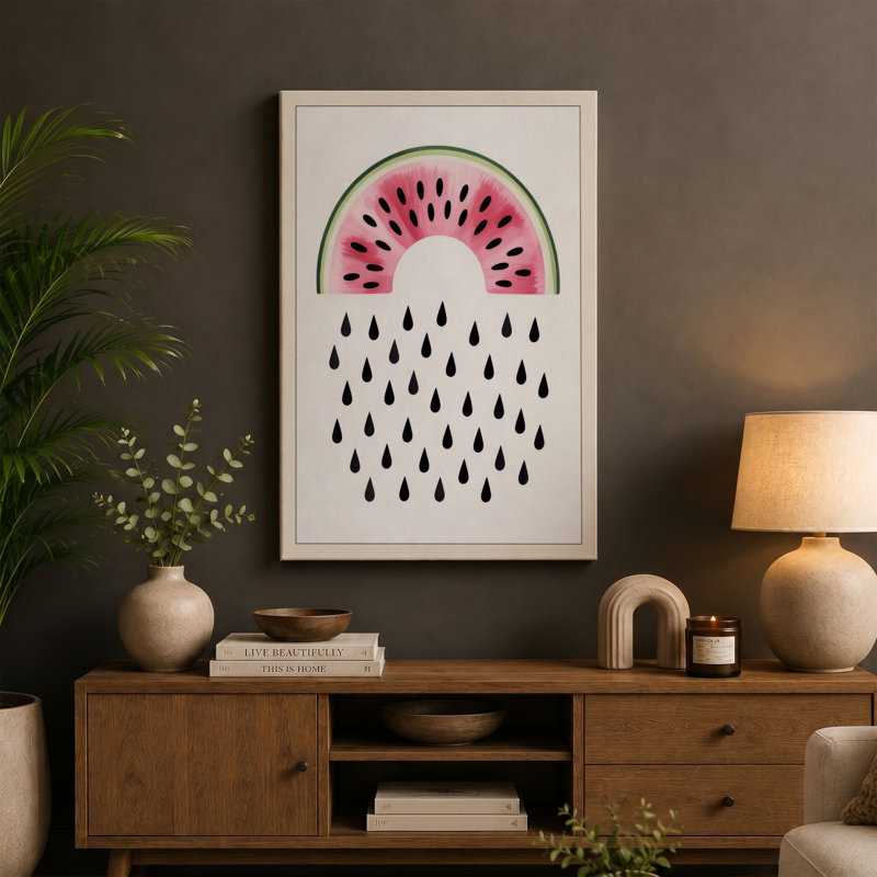 Watermelon & Rain Modern 1 Piece Wrapped Canvas Wall Art, 24x16 - 61.0 x 40.6 cm, Taupe Border