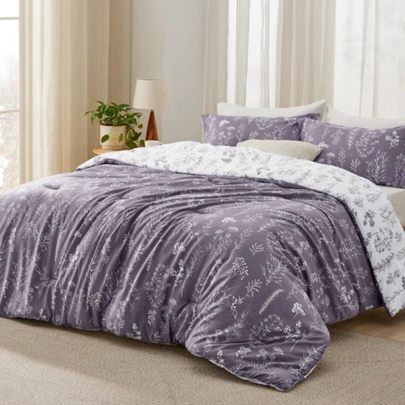 Best Seller Bedsure Comforter Set Reversible Cute Floral Bedding, 89GSM, Grayish Purple, Full