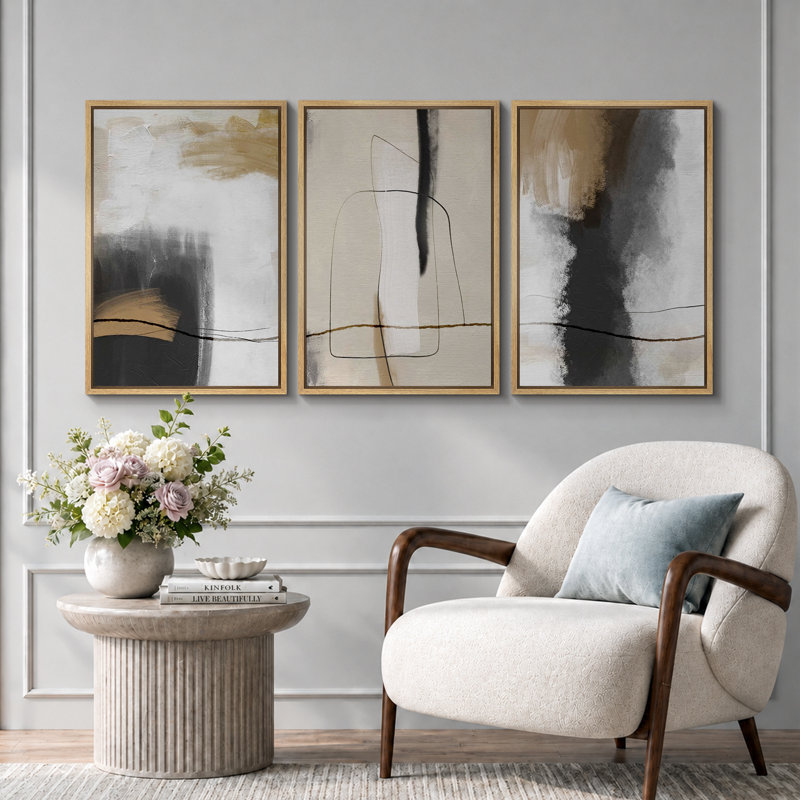 Grunge Abstract Paint Stroke Effect Tan Gray Neutral Organic Modern Pictures Framed Canvas Abstract Living Room Wall Art Painting Print