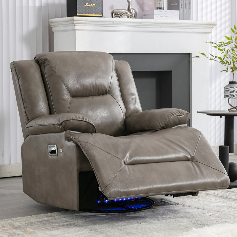 360° Swivel And Rocking Home Theater Recliner Manual Recliner Chair With A LED Light Strip For Living Room, Gray Faux Leather