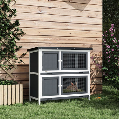 Wooden Cage - With Ramp, Removable Tray & Roof, Gray, For Small Animal Comfort Indoors/Outdoors Suitable Indoor/Outdoor Use