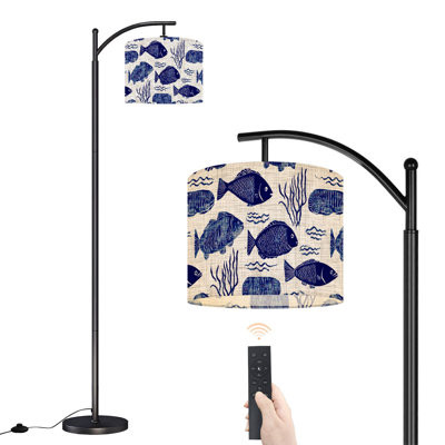 Lampe sur pied à arc avec abat-jour réglable Poissons bleus aquatiques texture de lin crème Lampe sur pied côtière d'été 3 températures de couleur Lampe à mât haut avec interrupteur au pied pour la chambre à coucher
