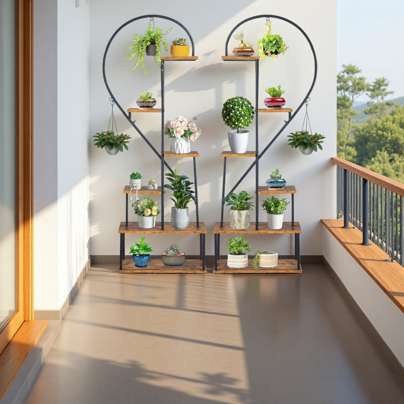 Support pour plante à 2 cœurs 6 couches 2 pièces, support pour pot de fleurs, tablette robuste pour jardin / balcon / patio / salon, multi-usage pour plantes / bibelots / cadres photo