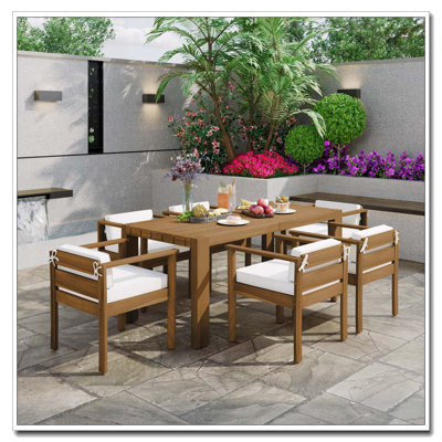 7-Piece Outdoor Acacia Wood Dining Set for 6 with Removable Cushions (Light Teak)