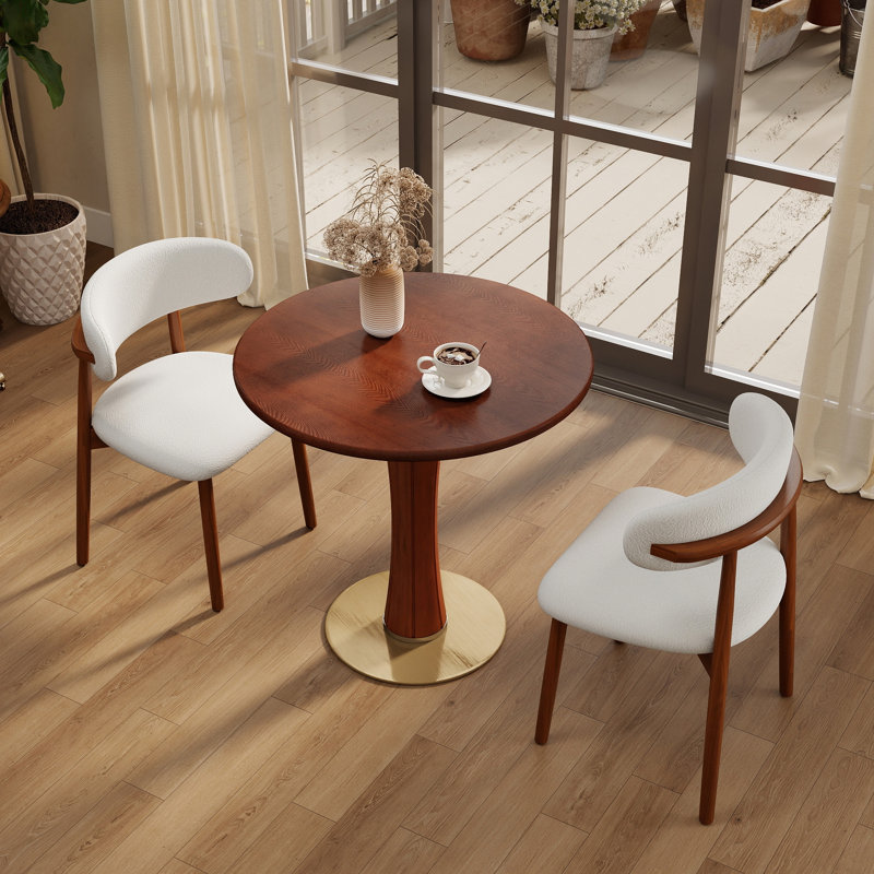 Φ Table de salle à manger ronde rétro en noyer de 80 cm avec base en laiton et bois massif. Table avec pieds en bois et base dorée