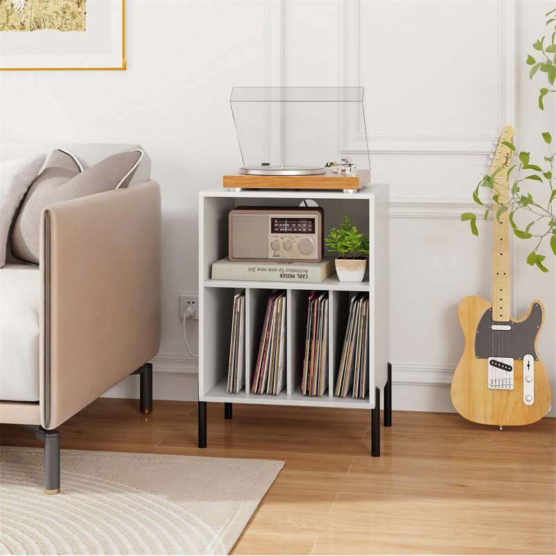 Record Player Stand With Charging Station, Holds 150 Albums, White, White