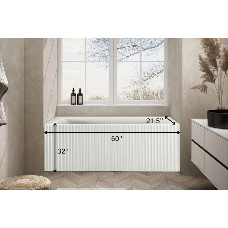 Baignoire alcôve cannelée de 60 po x 32 po CONDRIS BLISS, baignoire de trempage moderne en acrylique avec tablier avant texturé, drain à droite, base antidérapante
