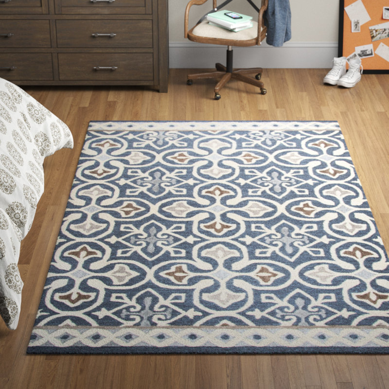 Tapis bleu / gris en laine touffeté à la main à motif géométrique Claudelle, Rectangle 9 pi x 12 pi