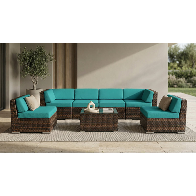Ensemble de conversation en osier pour 6 personnes avec coussins Barneveld - sans assemblage, Toile Sunbrella® Aruba