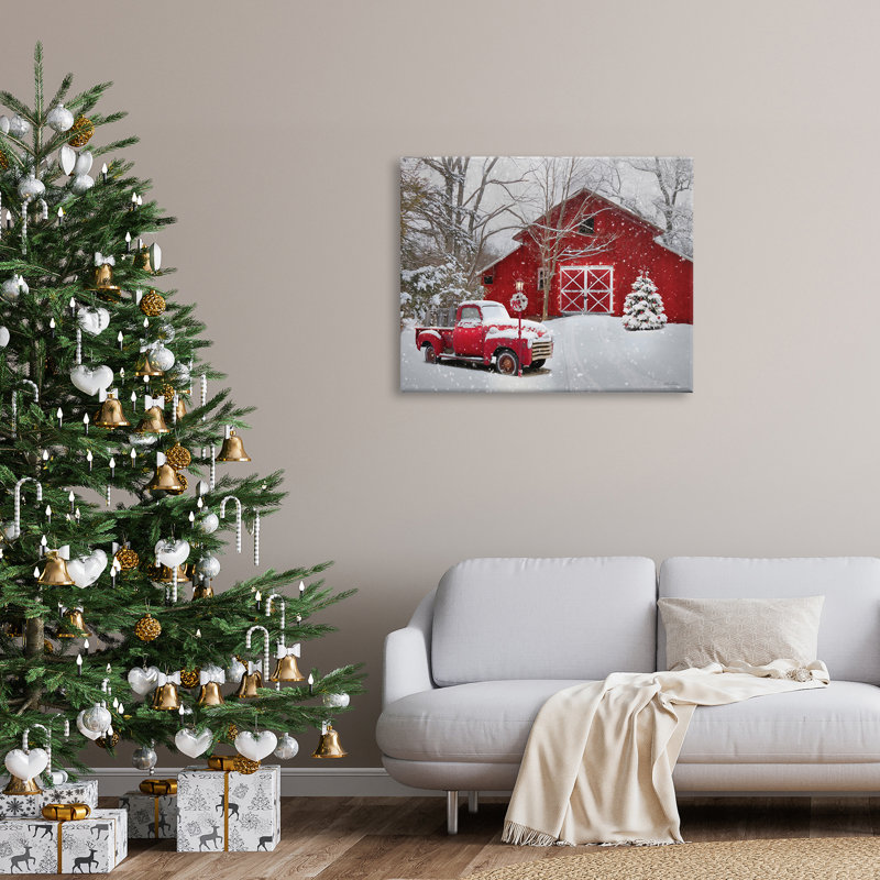 «Red Barn & Truck Poudrey Snow», art mural sur toile tendue XXL par Lori Deiter, H 30 po x l 40 po x P 1,5 po, Toile tendue