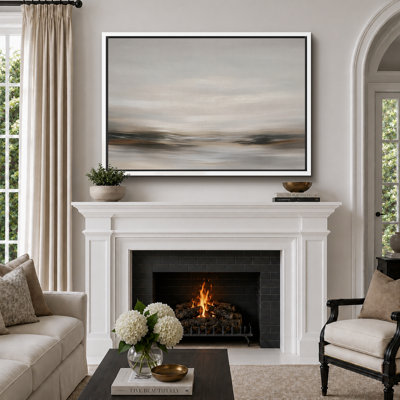 Calm Neutral Abstract Landscape Framed Canvas Wall Art - Soft Grey and Beige Horizon Painting Print, Modern Minimalist Wall Decor for Living Room, Office, or Bedroom