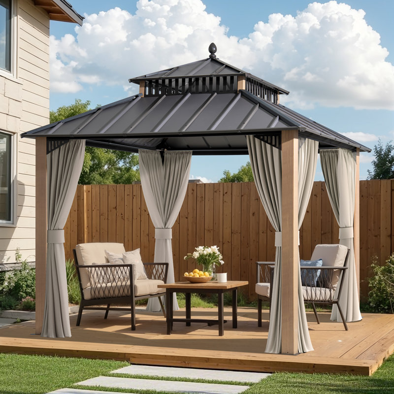 SUNJOY Kingston 10x10 Gazebo with Metal Roof, Curtain, and Netting - Woodgrain Aluminum Posts, WoodGrian, Black
