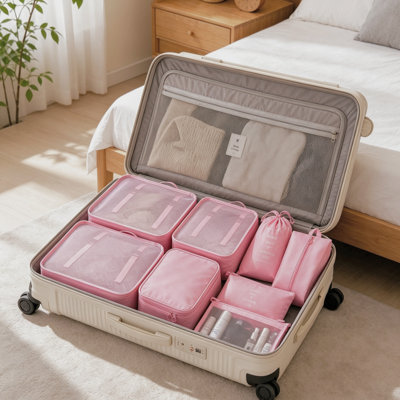 Travel Storage Bag 8-Piece Set, Clothing Sorting Packaging Bag, Travel Luggage Organizer for Clothes and Underwear, Lightweight Pink Travel Storage Pouch for Trip Wardrobe Organization