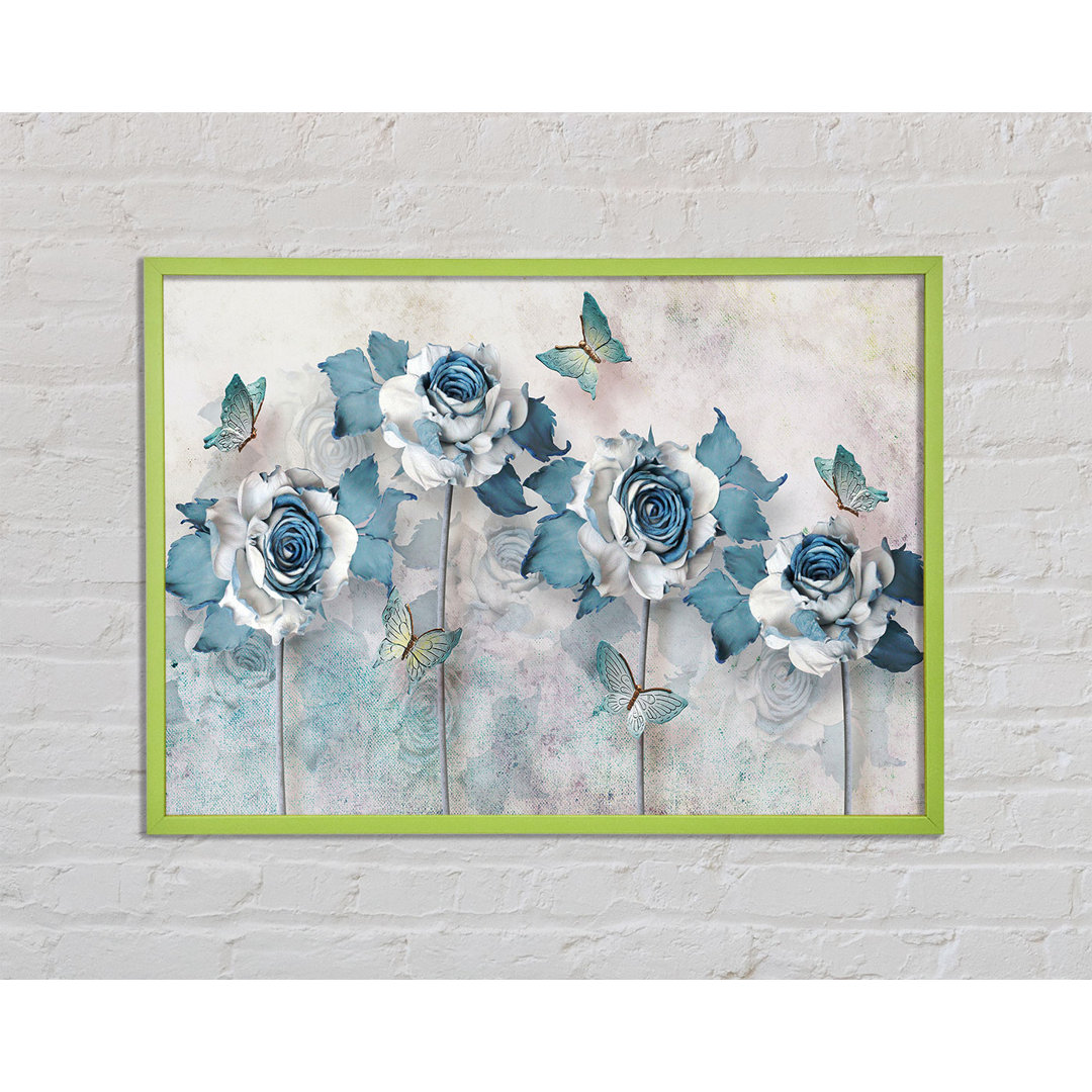 Teal Roses And Butterflies - Einzelner Bilderrahmen Kunstdrucke