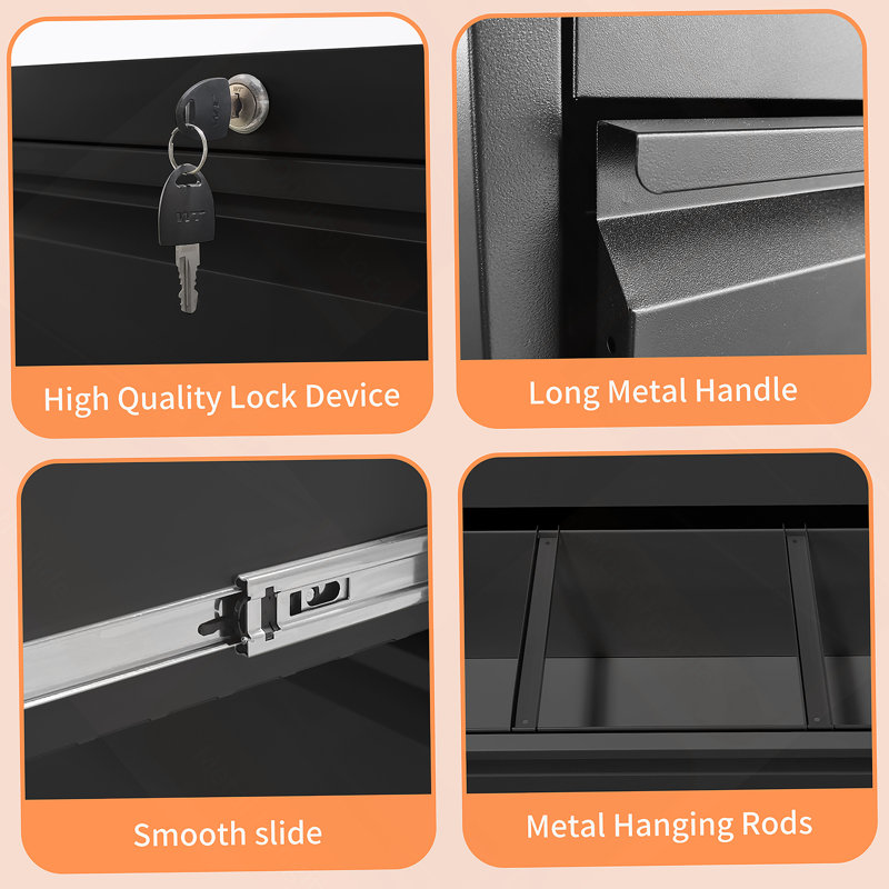 Lateral File Cabinet 2 Drawer, Black Filing Cabinet With Lock, Lockable File Cabinet For Home Office