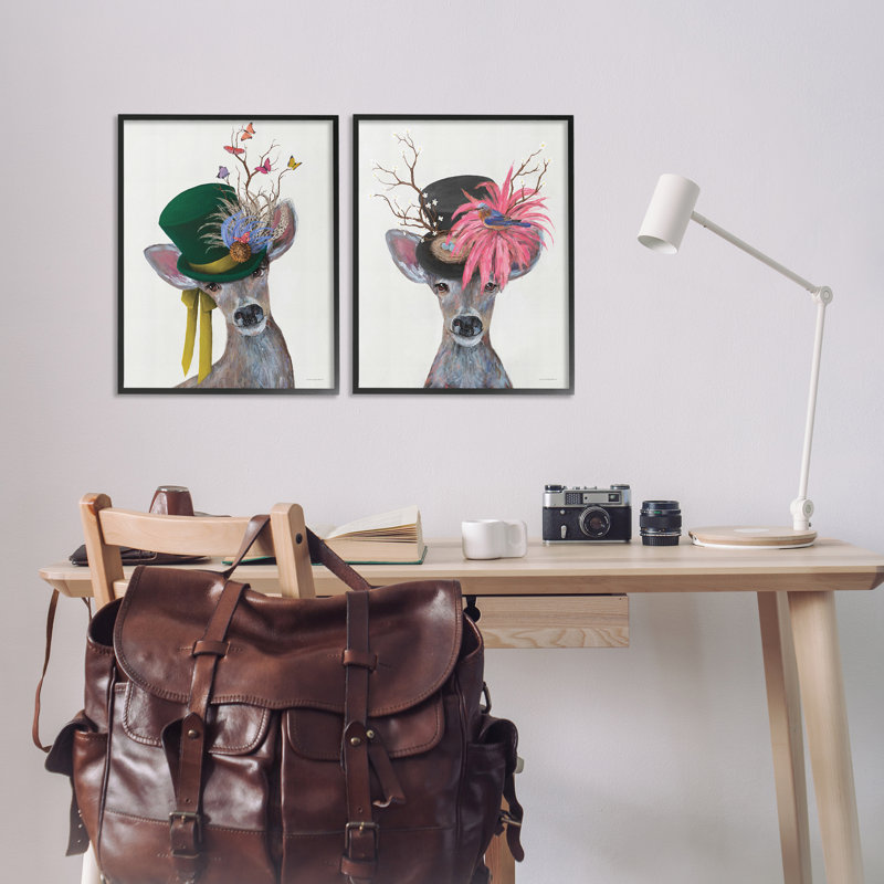 «Dapper Deer Floral Top Hat», ensemble de 2 giclées encadrées par Kamdon Kreations, Giclée encadrée noir minuit