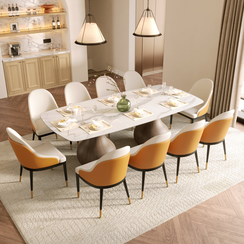 Ensemble de salle à manger moderne 10 personnes, table de salle à manger rectangulaire pré-assemblée, plateau de table en pierre frittée et piédestal à tréteaux, chaises rembourrées en similicuir