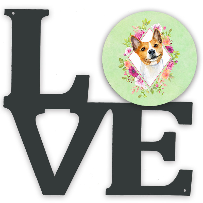 Décoration murale en métal love fleurs, Vert, Basenji