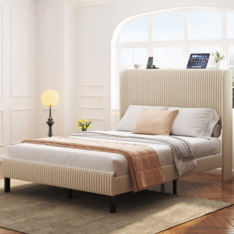 Beige Full - Size Bed Frame With Charging In Storage Headboard, Noise , Metal Slats, No Box Spring Required Operation, Velvet Upholstery, Station Easy Installation, Needed