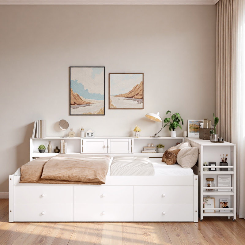 Lit de jour en bois avec tiroirs de rangement, tablettes latérales, bureau et lit gigogne, Lit simple, Blanc