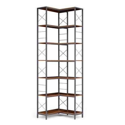 Industrial 7-Tier Corner Shelving Unit, Rustic Wood-Metal Construction, Freestanding Bookcase with Adjustable Feet & Anti-Slip Accessories, Large Display Shelf for Home, Office and Kitchen– Brown
