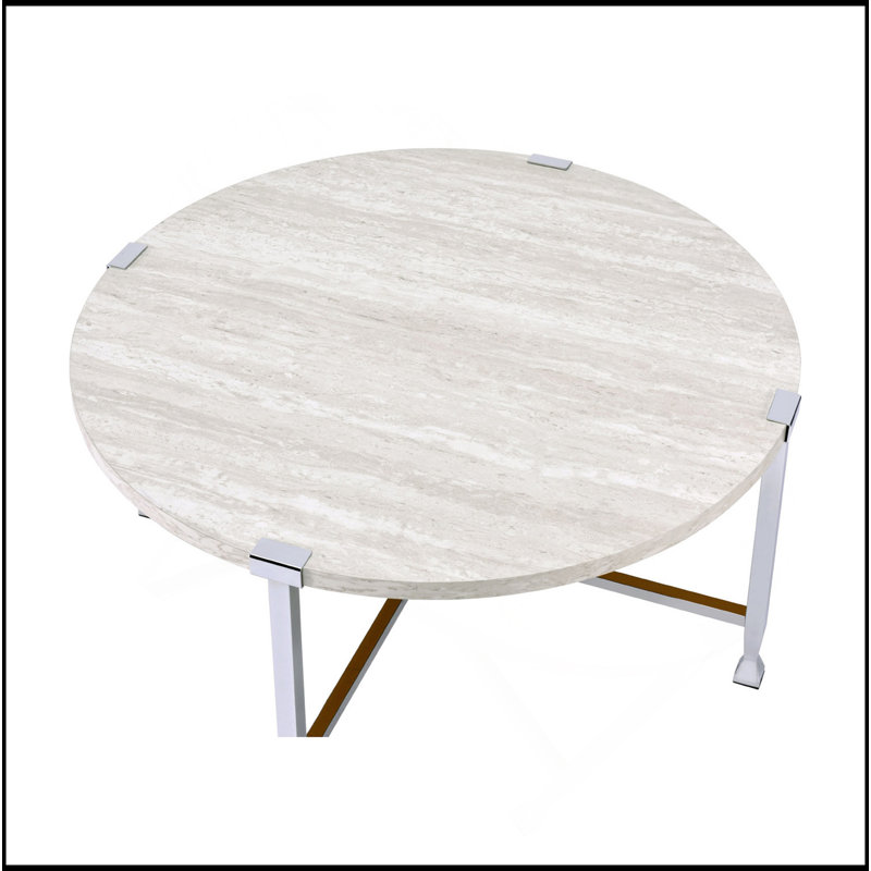 Round Coffee Table With Metal Frame Leg, White Oak And Chrome