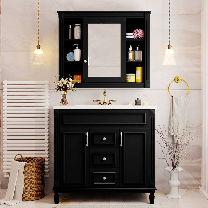 Meuble-lavabo de style moderne, meuble-lavabo avec lavabo supérieur et armoire de rangement à miroir, Noir