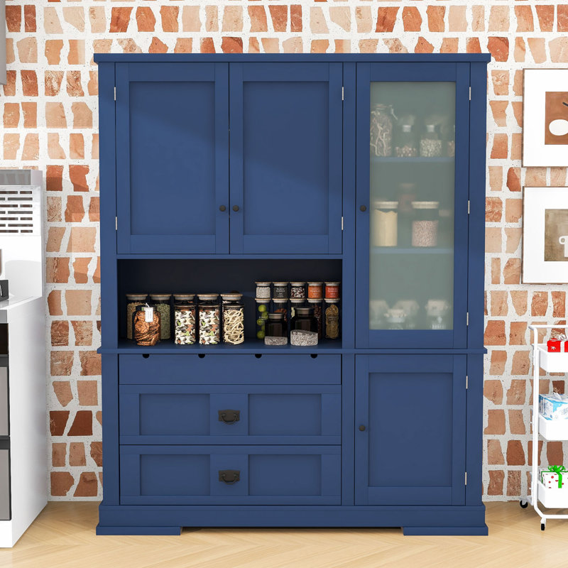 Garde-manger en bois avec tablettes de rangement, tiroirs et portes, Bleu