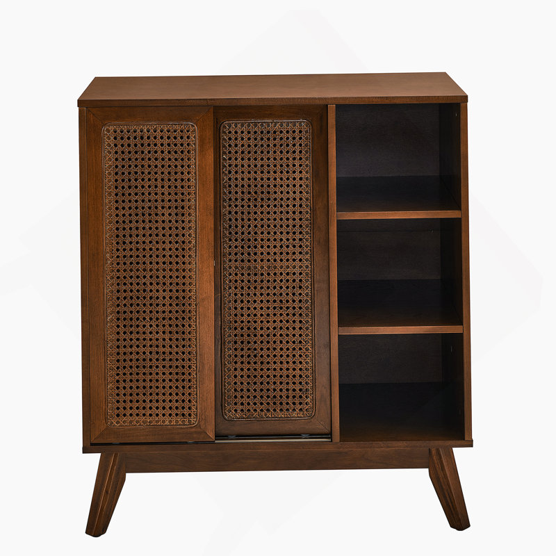 Storage Cabinet with open shelves and sliding doors, Walnut