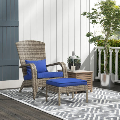 Outsunny Patio Wicker Adirondack Chair With Ottoman, Outdoor Fire Pit Chair With Cushions, High-Back, Large Seat & Armrests For Deck, Garden & Backyard, Dark Blue