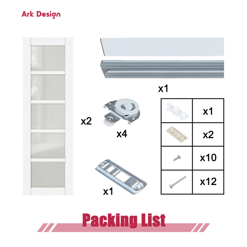80" Height Primed 5-Lite Frosted Glass Panels Sliding Closet Door with Installation Hardware Kit, 60" x 80"