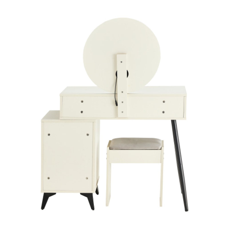 Abraam Make Up Vanity Set Dressing Tabl with Upholstered Stool and Round LED Variable Light Mirror