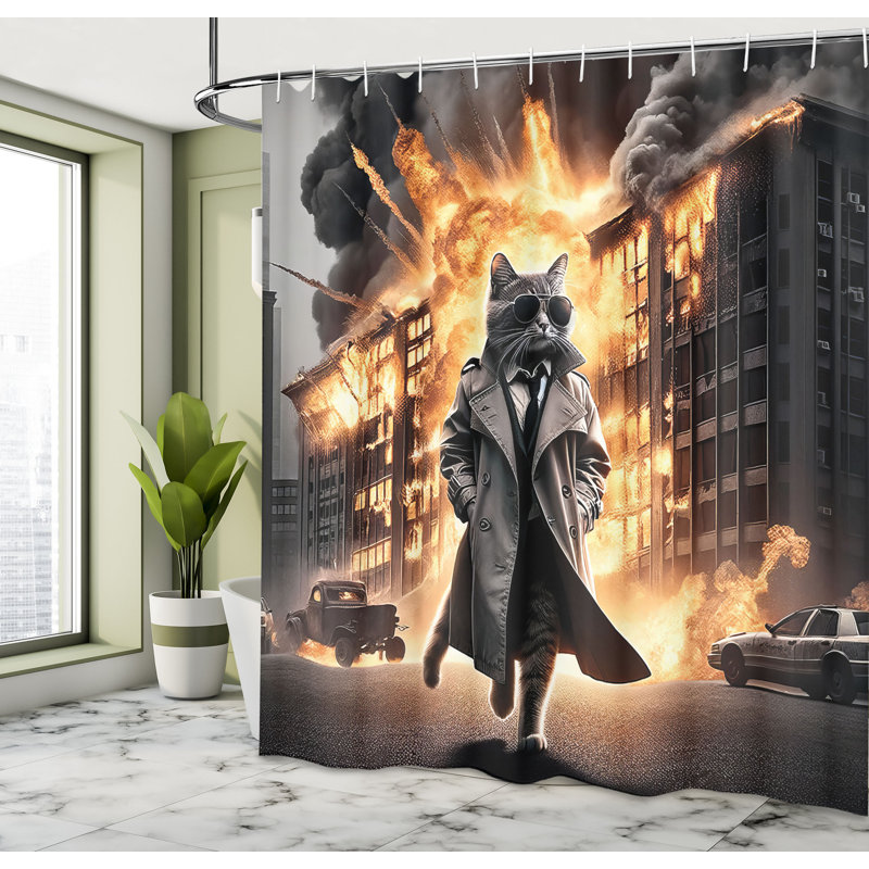 Cinematic Cat Agent Pale Orange and Dark Grey Fabric Shower Curtain