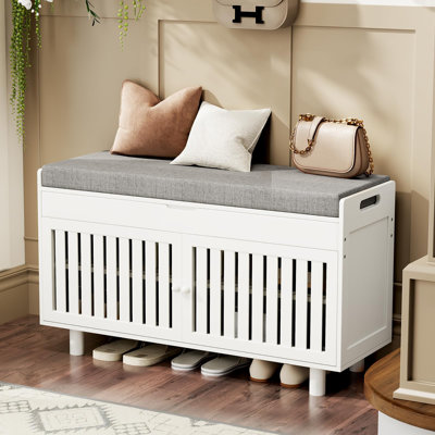 Banc de rangement en bambou pour hall d'entrée, étagère à chaussures à 2 niveaux avec coussin rembourré, rangement dissimulé sur le dessus et 2 portes d'entrée, salon