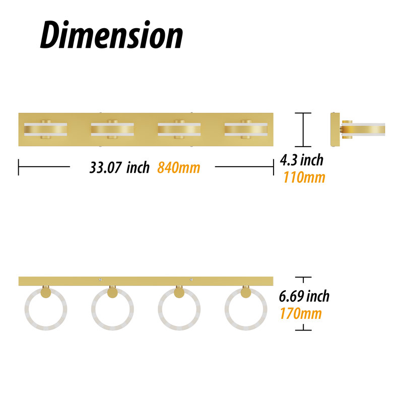 4 - Light Dimmable LED Vanity Light, Gold