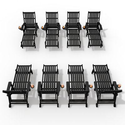 Pakkdiarie Outdoor HDPE Adjustable Reclining Chaise Lounge Chair With Wheels & Cup Holder (Set of 8)