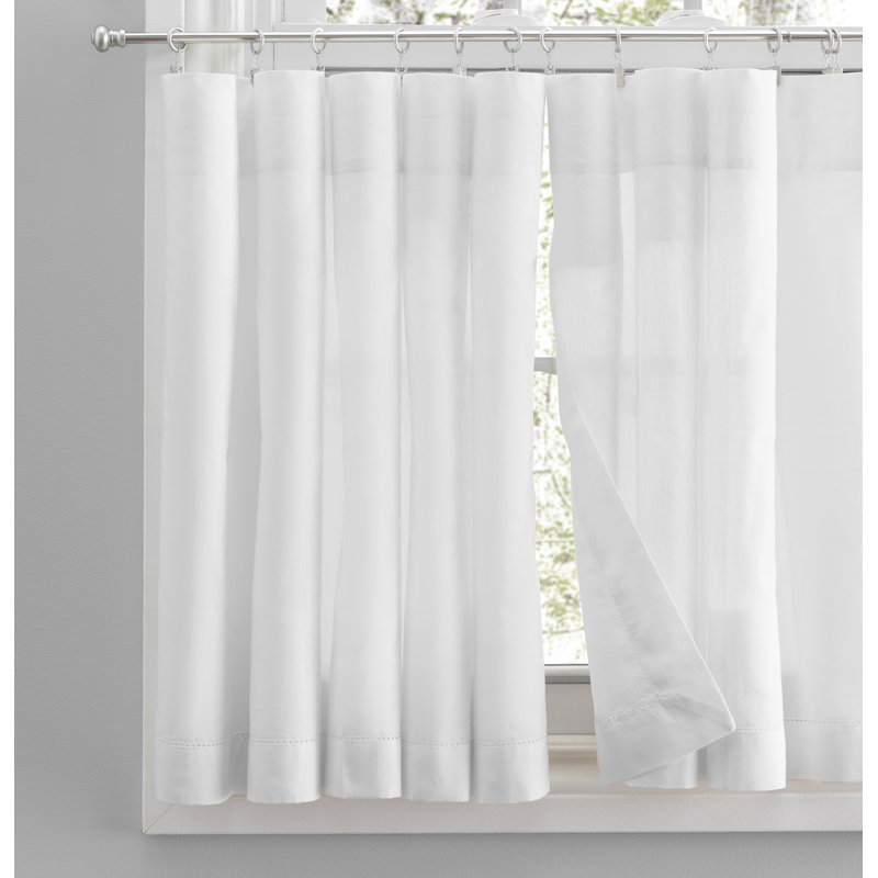 Blandford Premium 100% Cotton Hemstitch Semi-Sheer Cafe Curtain/Tailored Tier Pair 80" W Curtain, 80" W x 30" L, White
