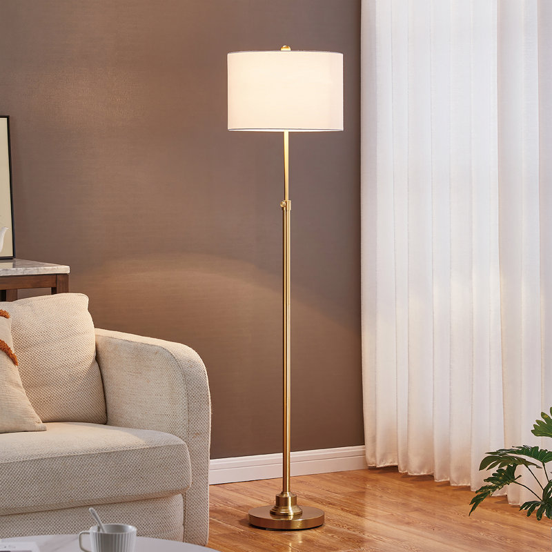 Antique Brass Adjustable Floor Lamp with White Drum Shade