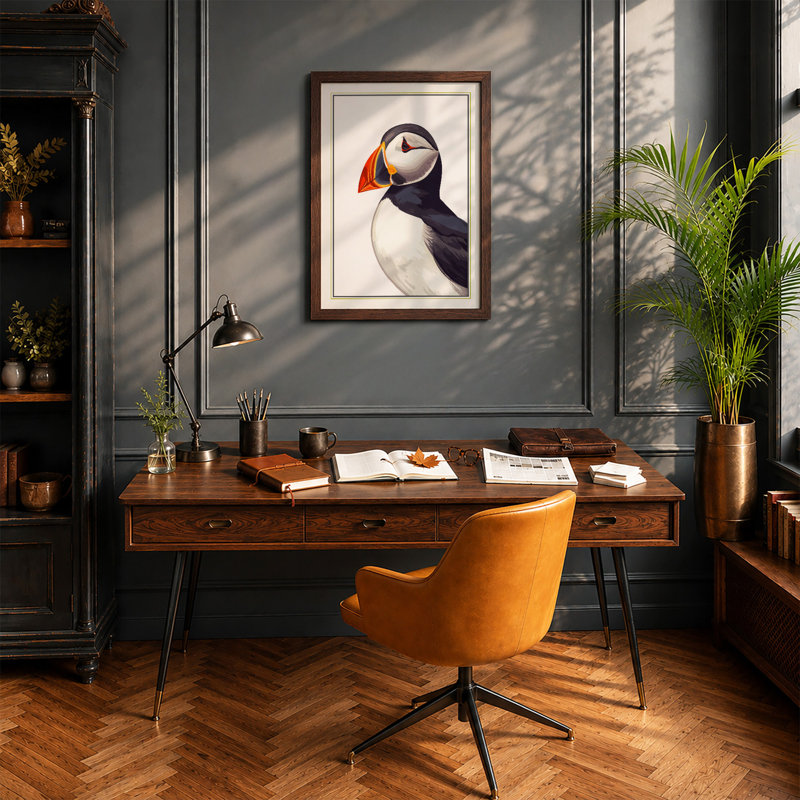 Puffin Profile Coastal - Framed Print, A1 - 84.1 x 59.4 cm, Walnut