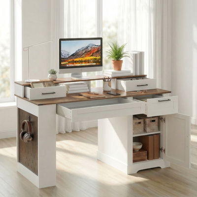 55'' Farmhouse Office Desk With Charging Station & Storage Cabinet, Home Office Desk, Barn Door Design Computer Desks with File Drawer & Keyboard Tray for Study, Living Room, White