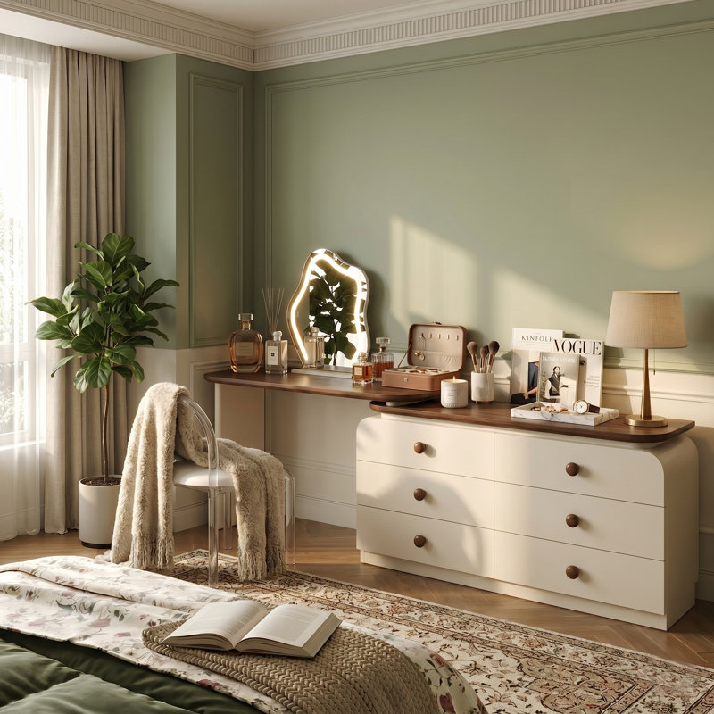 Bureau de coiffeuse extensible et commode à 6 tiroirs, table de maquillage réversible avec plateau en noyer