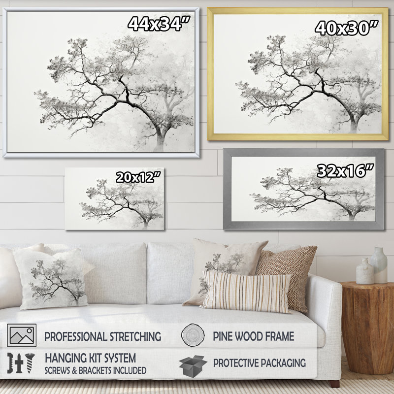 " Minimalism White Tree Pine Dream ", Black Single Picture Framed, 30" H x 40" W x 1.5" D